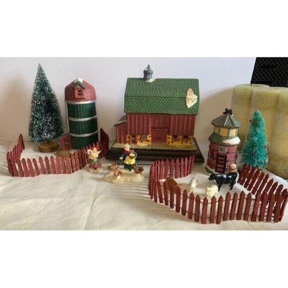 Vintage Barn & Silo Farm Decor Set With Figures Trees Fences & Animals  Includes - Picture 1 of 9